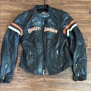 Womens Small Harley-Davidson Black and Orange Leather Racing Jacket